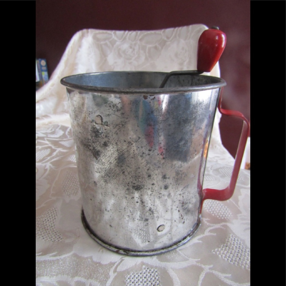 Vintage flour sifter, Red trim metal sifter Rustic Primitive kitchen